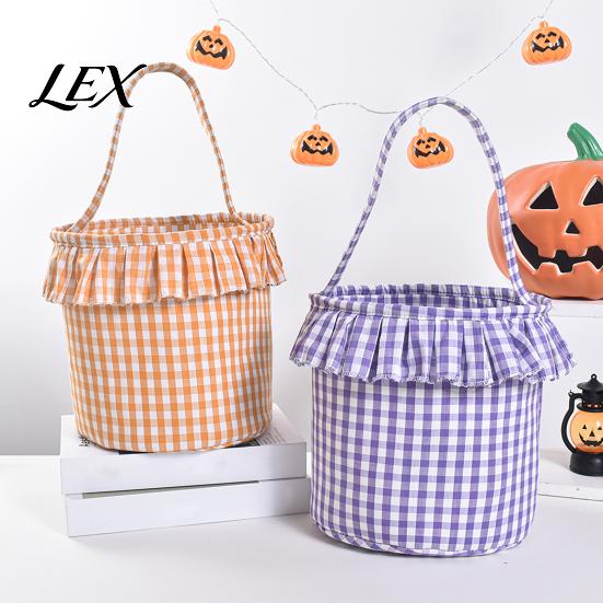 Versatile Household Storage Halloween Basket, Plaid Ruffle Trick or Treat Candy Bucket with Handle Easter Egg Hunt Carriers for Kids, Reusable Gingham