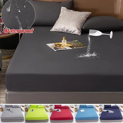 New Waterproof Bedcover Bed Mattress Cover Solid Color Fitted Sheet with All-Around Elastic Bedspread Bed Protector Cover No Pillowcases