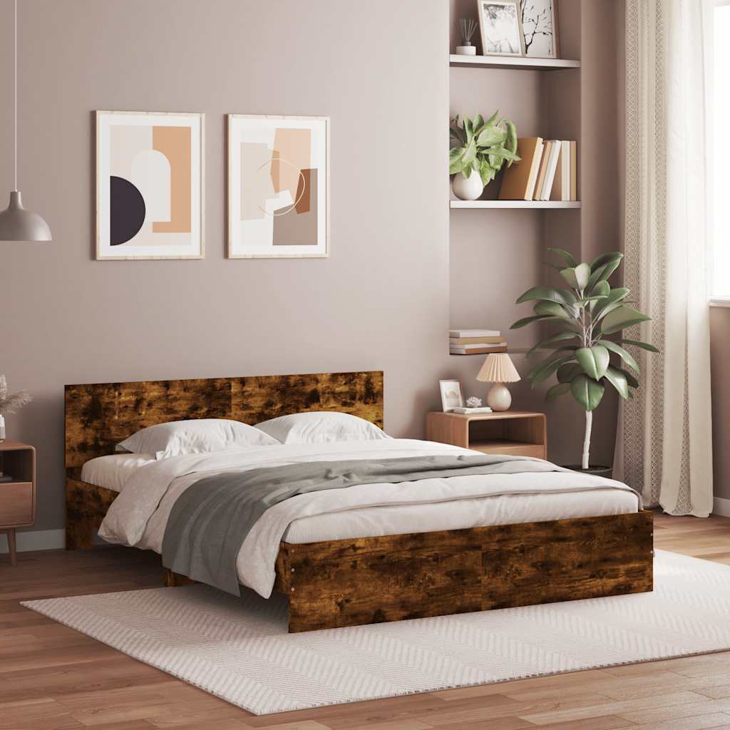 Bed Frame with LED Lit Headboard Smoked Oak Finish 150x200 cm