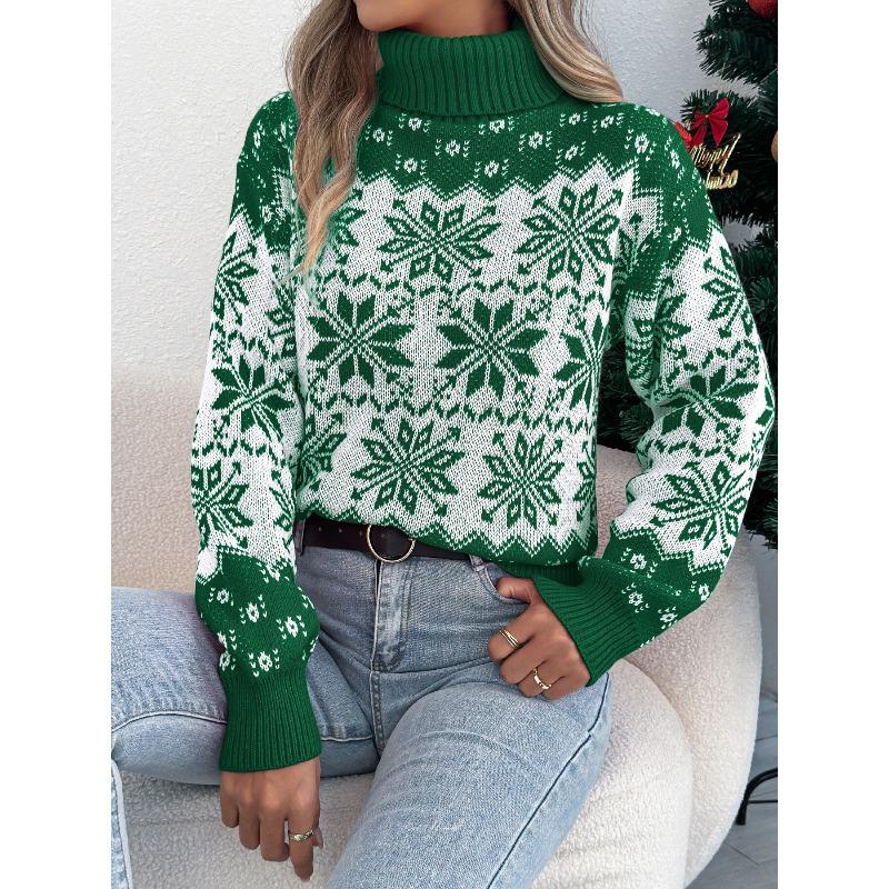Winter and Autumn Snowflake Pattern Lantern Long-sleeved High-neck Pullover Sweater for Women, Christmas-themed