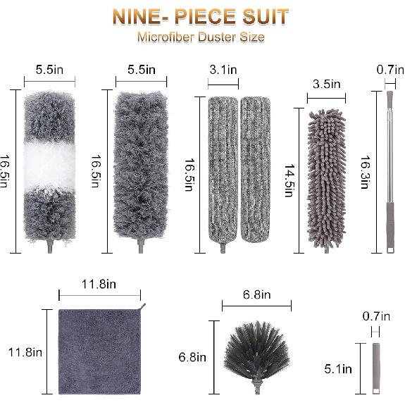 Microfiber Duster for Cleaning Fan, High Ceiling, Blinds, Furniture, Cars , 9PCS Extendable Feather Duster (Stainless Steel) 30 to 100 Inches,