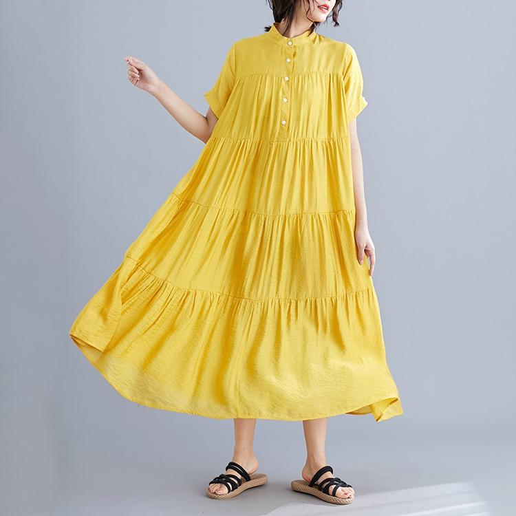 Johnature Solid Color Stand Collar Short Sleeve Button Loose Casual Long Thin Women Dresses Summer Causal Korean Dress