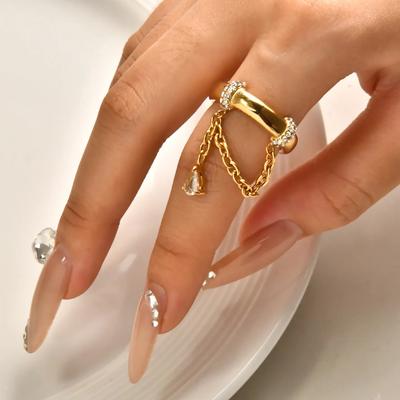 New Arrival Luxury Jewelry 18K Gold Plated Waterproof Stainless Steel Tassel Clear Cubic Zircon Stacking Finger Ring for Women
