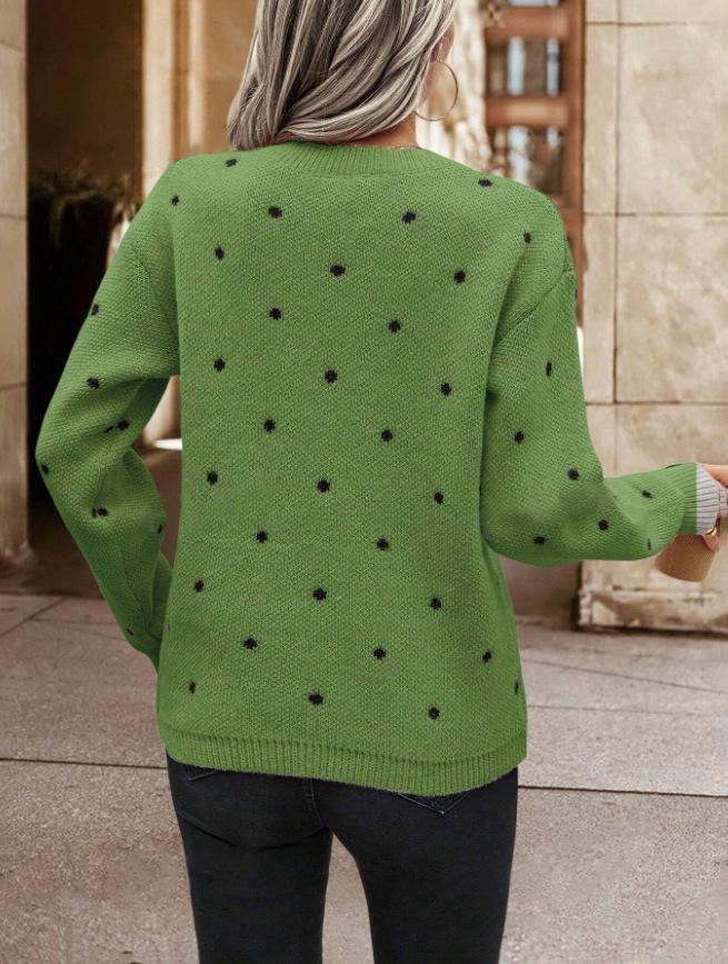 Women's European & American Fashion Polka Dot Jacquard Knit Sweater - Round Neck, Long Sleeve Pullover.