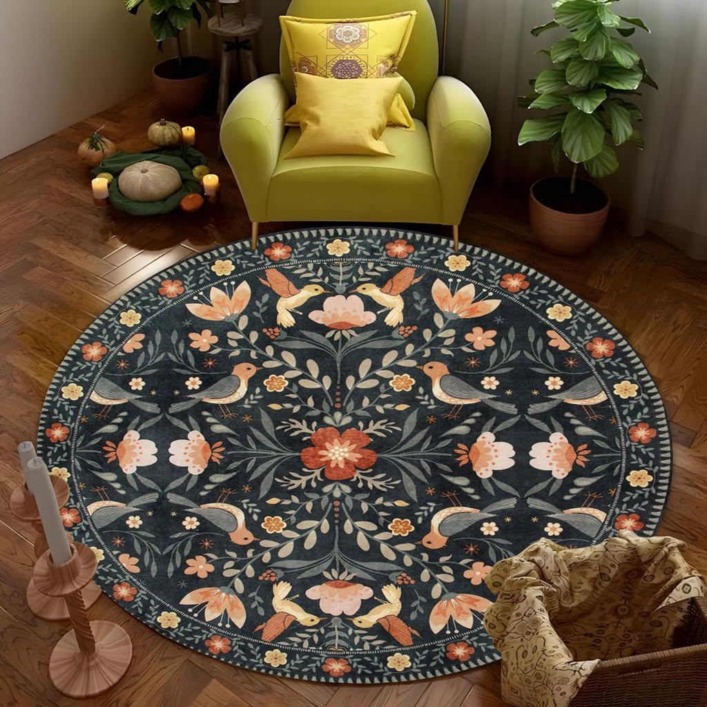 Decorative Floral Round Area Rug with Black Background Perfect for Adding a Touch of Nature To Your Living Space