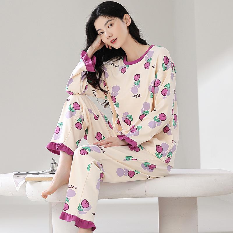 Ensemble de Pyjama pour Femme 100% Coton – Respirant, Absorbant la Sueur, Manches Longues Col Rond pour Porter à l'Intérieur et à l'Extérieur (Automne hiver)