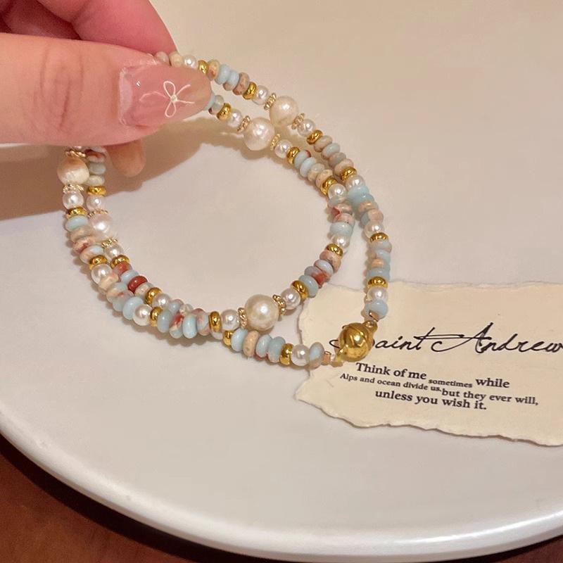 

Luxurious Double-Layer Freshwater Pearl & Colorful Shoushan Stone Beaded Bracelet