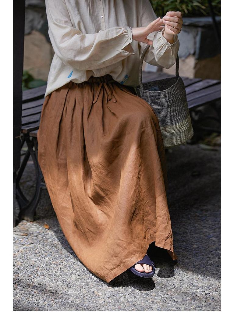 Women's Retro Cotton-Linen Elastic Waist Pleated Skirt - Summer 2023