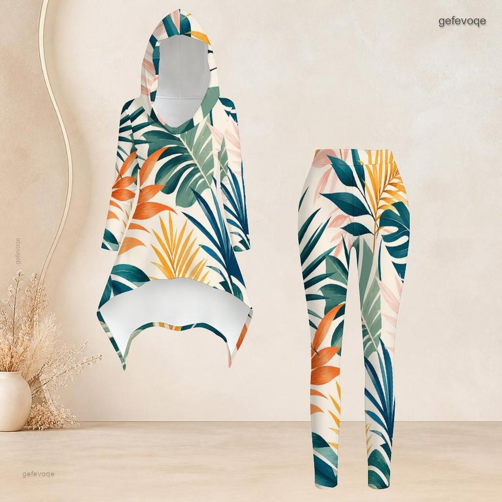 Women Plus Size 2 Piece Outfit Hooded Long Sleeve Tropical Leaf Printed High Low Top Fitted Pants
