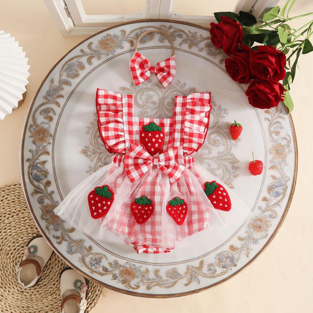 Vestito Estivo in Rete per Bambina con Spalline Arricciate e Fantasia di Fragole e Angurie Color Caramella, Include Gonna e Elastico per Capelli