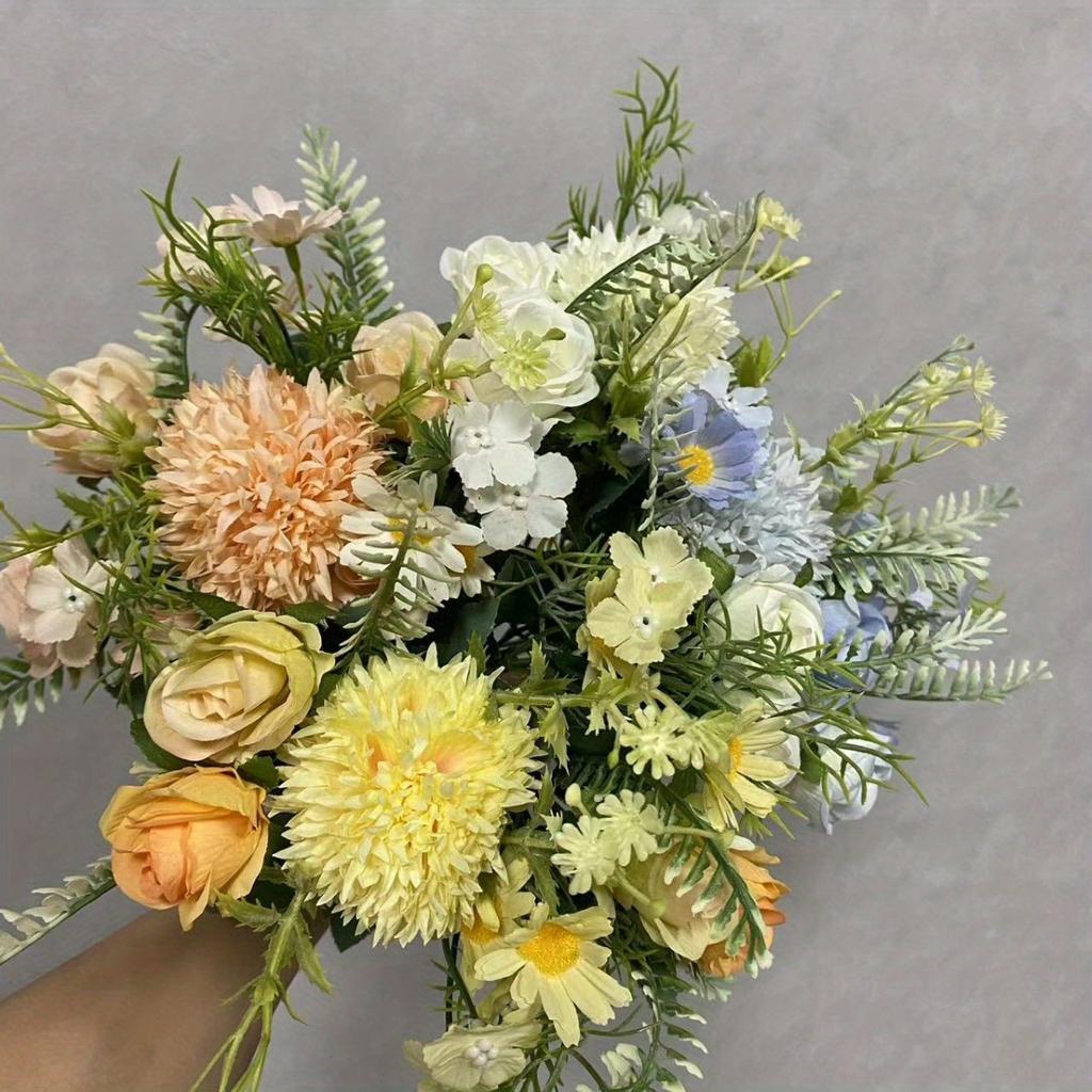 1Pc Simulated Plastic Brushed Rose Daisy Hydrangea Bouquet for Outdoor Wedding Arch Dining Table Home Bridal Bouquet Corsage Decoration
