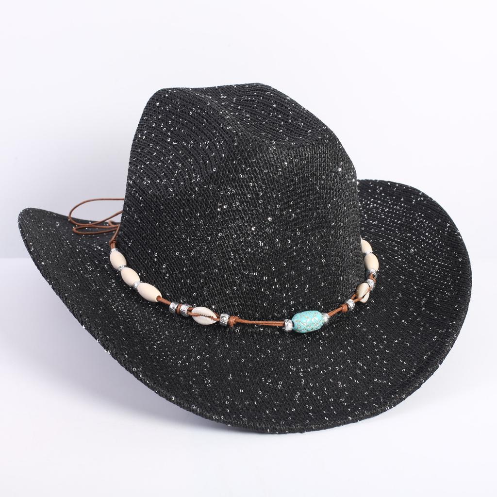 Popular European and American Classic Western Denim Straw Hat, Men's and Women's Fashion Outdoor Sunscreen Sequined Straw Hat