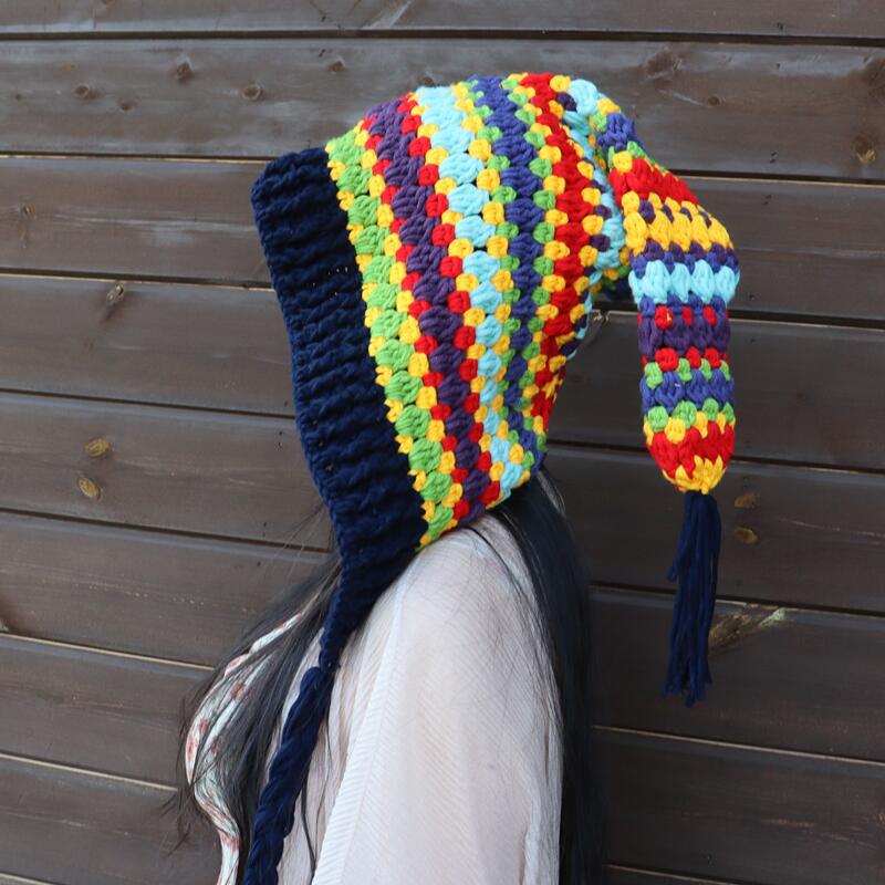Winter new thickened children's hat wool crochet rainbow long tail hat European and American girls elf wizard princess keep warm