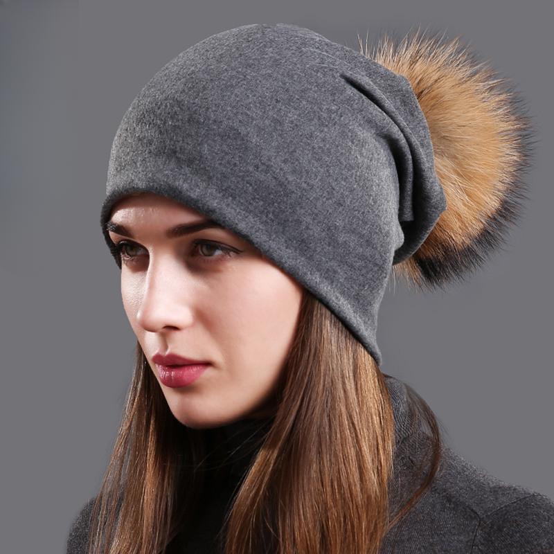 Damen Echter Waschbärfell Bommelmützen Beanies Herbst Winter Warm Einfarbig Mützen Für Frauen Mode Baumwolle Skullies Dünne Mütze