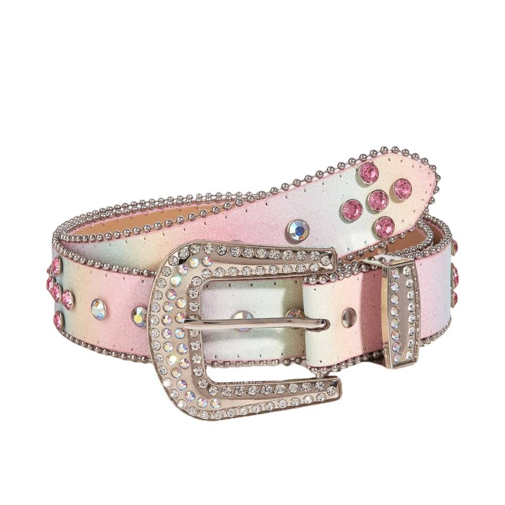 Shiny Retro Y2k Belt Gradient Pink Jeans Waistband Adjustable Rhinestone Waistband  Lady