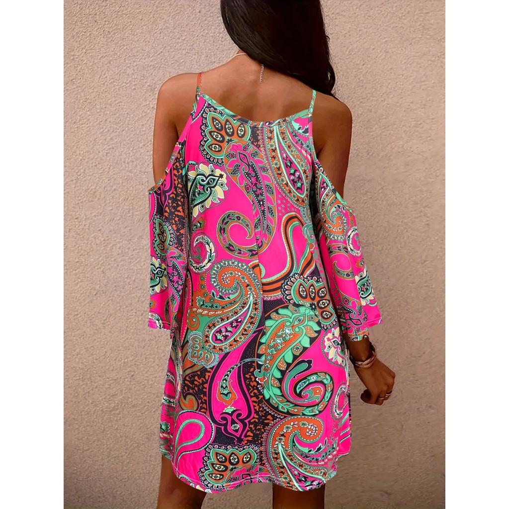 Paisley Print Cold Shoulder Loose Dress, Vintage Long Sleeve Dress For Spring & Fall