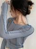 Camisetas de manga larga para mujer, camisetas de primavera lisas con cuello redondo, decoración de línea brillante elegante, camisetas informales suaves y suaves de alta calidad para mujer