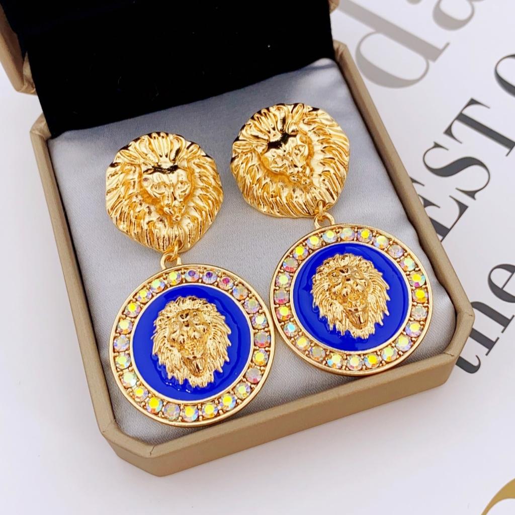 Einzigartige Design-Löwenkopf-Ohrringe, glitzernde Strass-Ohrringe, kreisförmige Ohrringe im Retro-Stil für Frauen