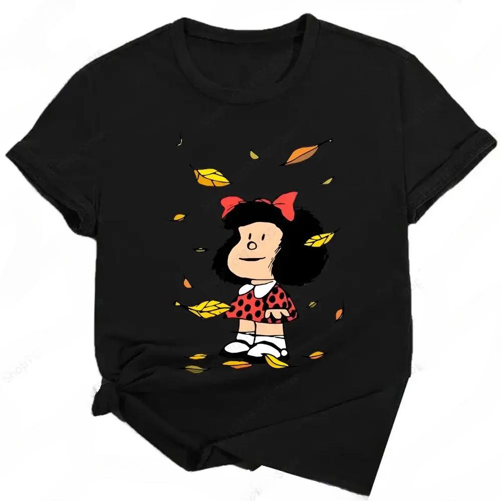 Mafalda Printed Fun Pattern T-shirt for Women Summer Y2K Harajuku Girls Street Dress Cute Cartoon Kawaii Black Women's Wear
