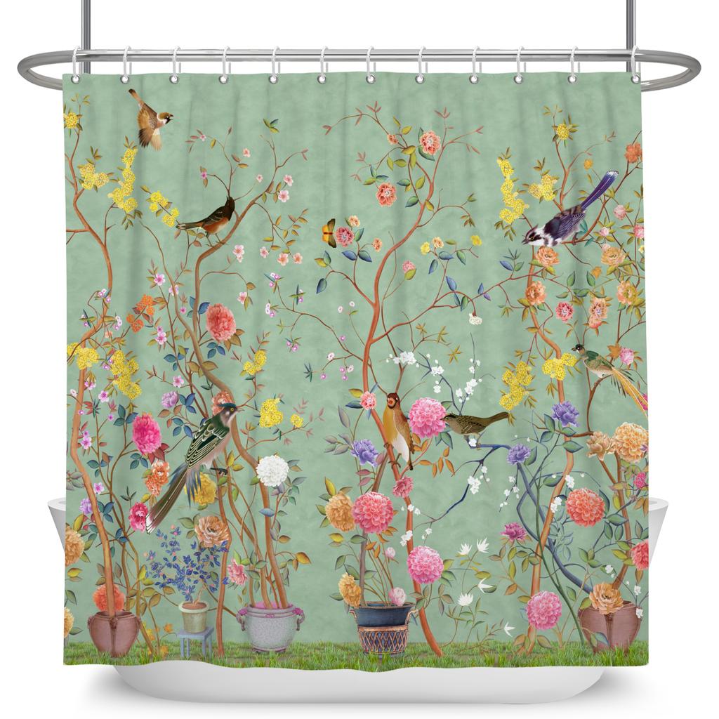 Vintage Bird Flower Shower Curtain with Hooks Artistic Peacock Floral Design Chinese Style Waterproof Polyester Bathroom Curtain