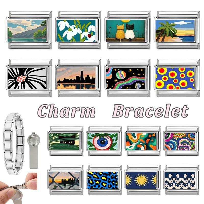 Romantic Sunset Scenery Funny Cat Flower Eyes Italian Charm Link Fit 9mm Stainless Steel Bracelet Women Making DIY Jewelry