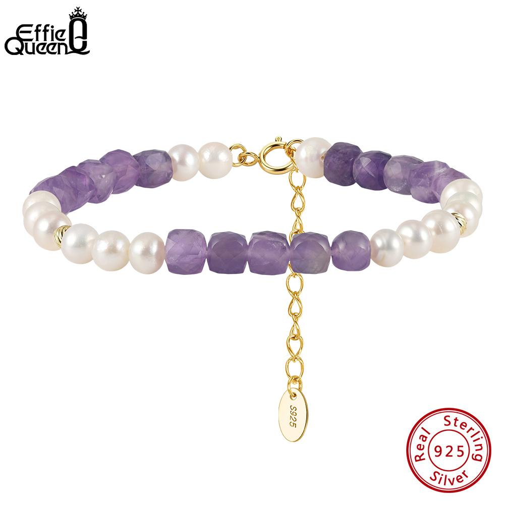 Effie Queen Purple Amethyst & White Freshwater Pearl Beaded Bracelet 925 Pure Silver Natural Amethyst Crystal Chain Hand MPB17