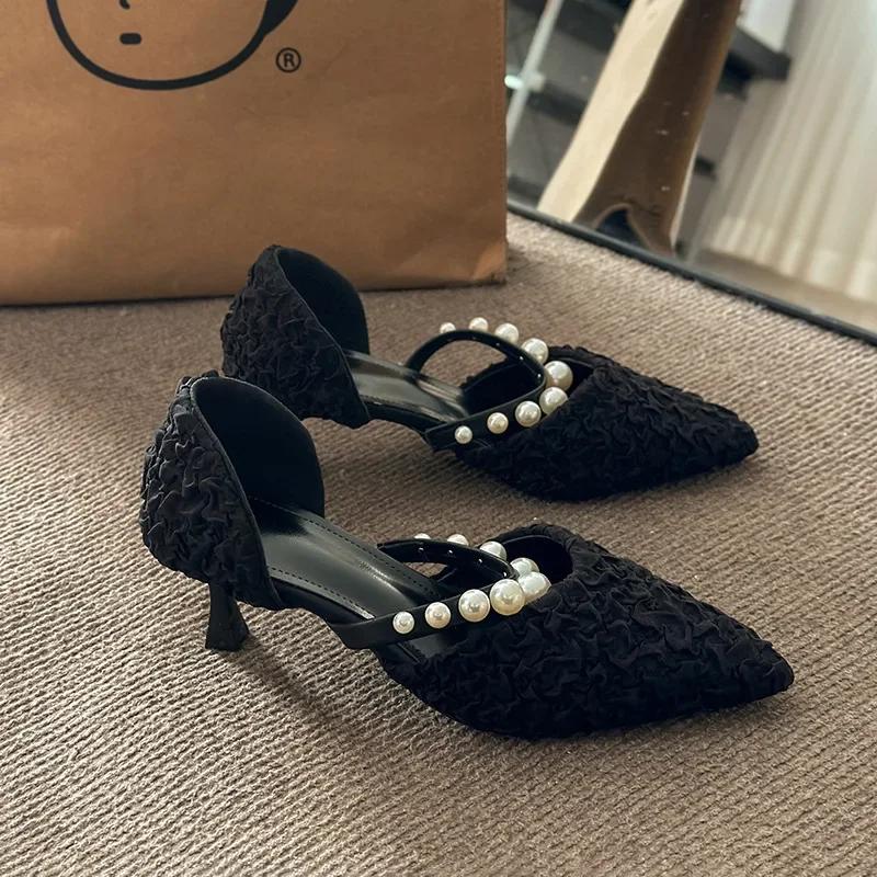 Pleated Pointed Toe Pumps Women Temperament Shallow Mouth Thin Heeled Zapatos Mujer Spring Solid Fashion Pearl Tacones Mujer