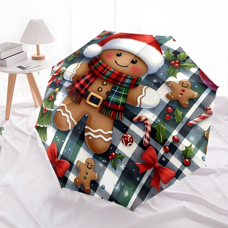 1pc Christmas Gingerbread Man Auto-Folding Umbrella, Portable 3-Fold Design with 8-Rib Iron Frame, Perfect for Fans, Travelers, Daily Use, and Festive