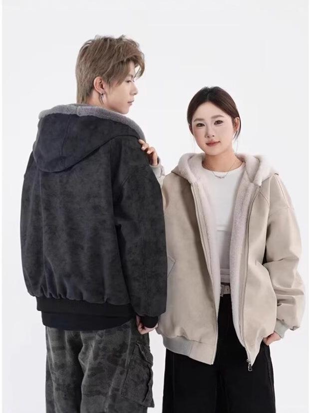 Retro-Kapuzenjacke „Schneeadler“ für Herren: Dicke Baumwolle, Kunstpelzkragen, PU-Leder, trendiger dekonstruierter Stil, warme Winterkleidung für Paare.