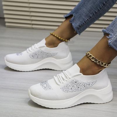 Large Size Women's Sneakers Elastic Sports Tennis Shoes 2024 Fashion Rhinestone Mesh Breathable Casual Platform Shoes Ladies