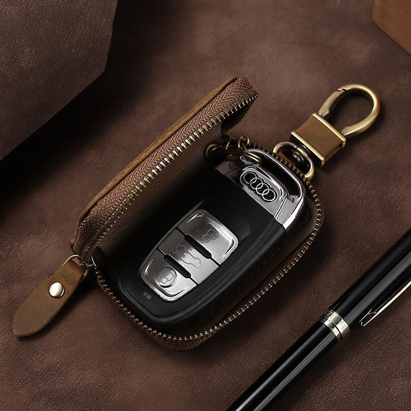 Leather Car Key Case With Foldable Design And Vintage Style For Men And Women