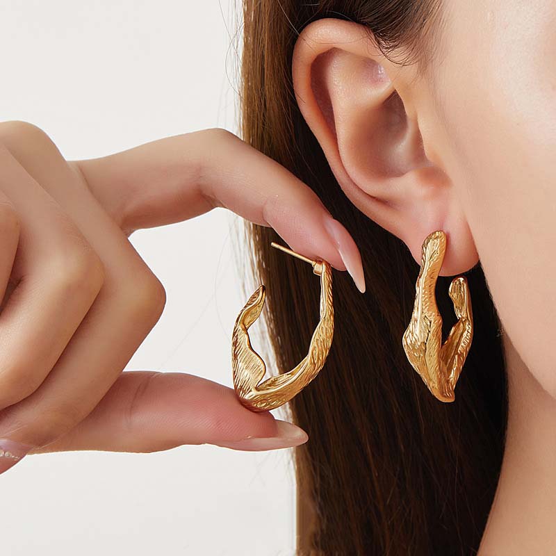 Stainless Steel Metal Twisted Hoop Earrings for Woman Vintage Gold Color Irregular Earrings Waterproof Jewelry Gifts