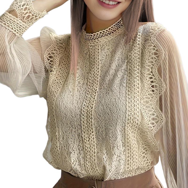 Nové elegantní jednobarevné síťované krajkové top s dlouhým rukávem a nabíranými rukávy pro ženy