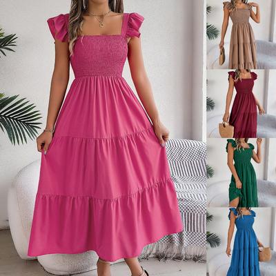Vestidos largos casuales sueltos de verano de color sólido con cuello cuadrado, detalle de oreja de madera en el lateral de la cintura y corte en A para mujer