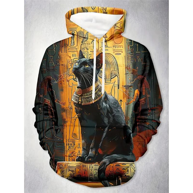 Casual Loose Design Cat Pattern men's Hooded Sweatshirt Fashionable Printed Harajuku Colored Top Street Minimalist men's Hoodies