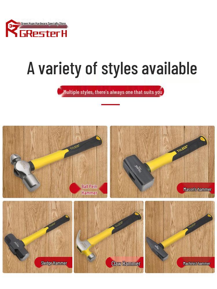 Octagonal Steel Mason's Hammer with Fiber Handle - Round Head Claw Mallet for Woodworking and Masonry.