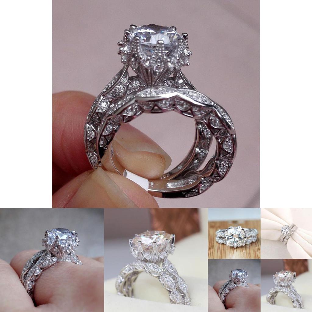 Dazzling White Sapphire Crown Ring Set Silver Plated Antique Style For Engagement