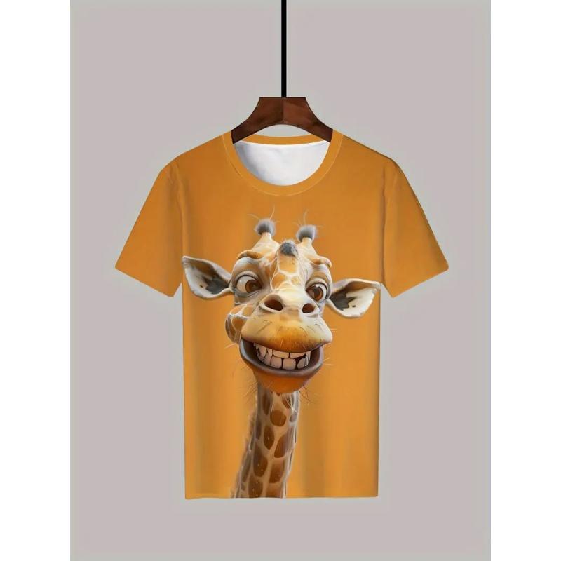 Summer Round Neck Colorful Animal Giraffe Pattern 3D Print Top Fashionable Casual Short Sleeved Men's T-shirts