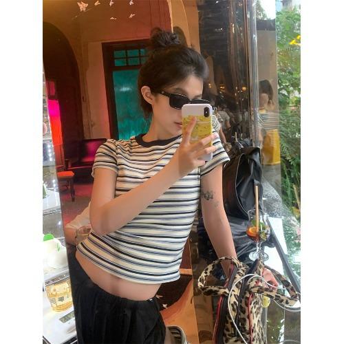 

American retro striped front shoulder short-sleeved T-shirt women s summer new slim-fitting and thin short bottoming shirt top S