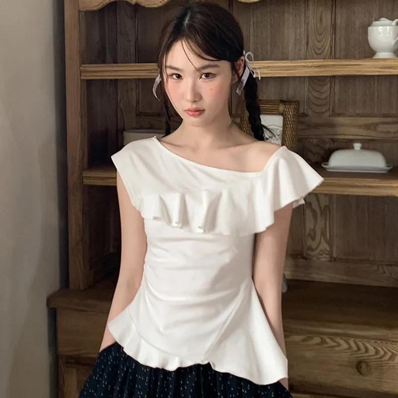 Женская асимметричная блузка с оборками, без рукавов, приталенная, повседневная S