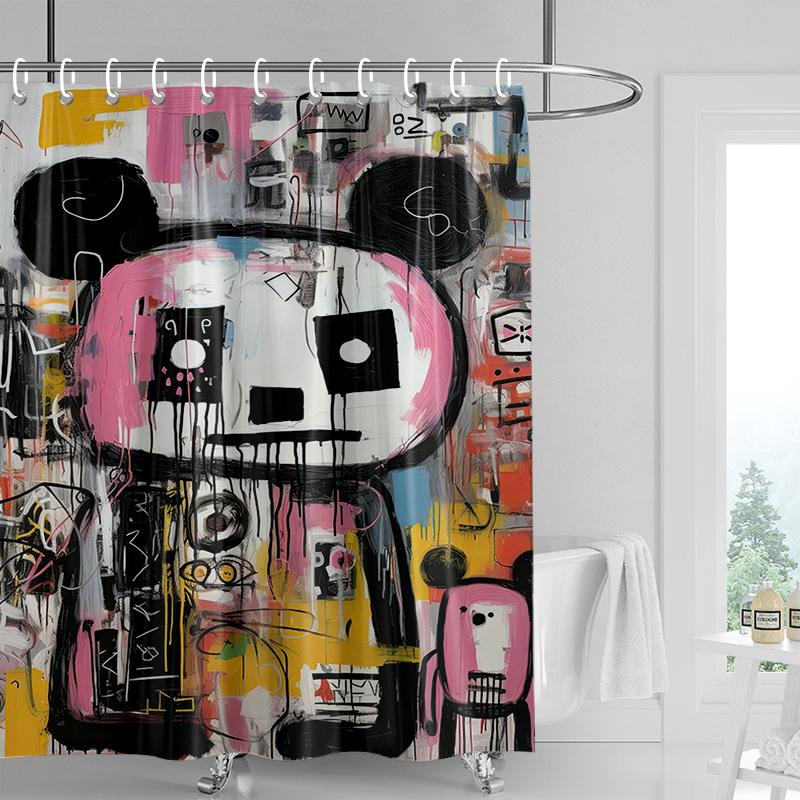 Edgy Cartoon Bear Shower Curtain - Yellow with Graffiti Text & Bold Colors, Waterproof with Grommets, Urban Bathroom Decor