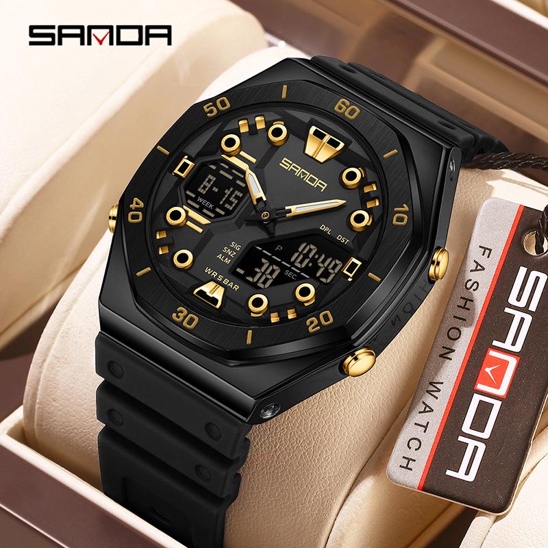 Sanda Men's Trendy Dual Display Casual Watch - Waterproof, Luminous, Octagonal Design with Countdown & Snooze Functions.