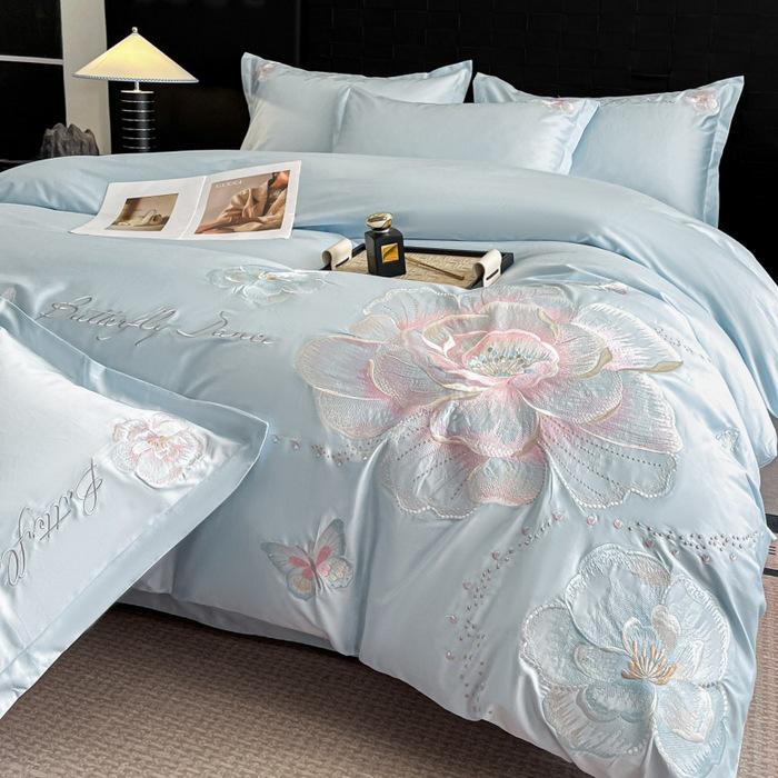 Light Luxury 100% Cotton Embroidered 4-Piece Bedding Set with Rounded Corner Sheets