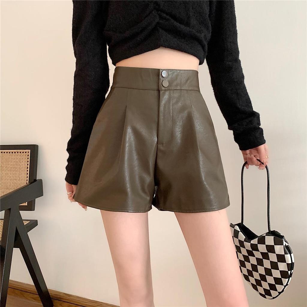 Women's PU Leather High-Waist A-Line Bootcut Shorts, Slimming Loose Fit, Casual Autumn 2025 Collection.