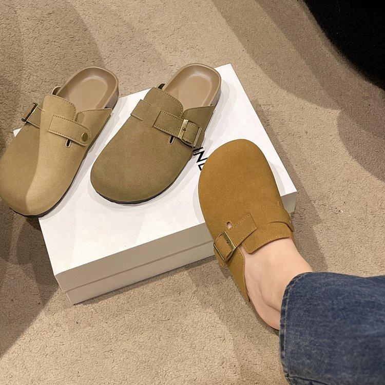 Baotou cool slippers for women to wear in the summer of 2025, new retro heelless flat-bottomed lazy large-size half slippers for women