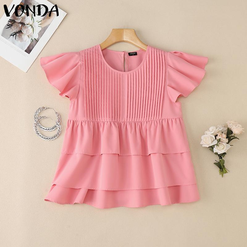 VONDA Elegant Women O Neck Short Sleeve Layers Pleating Solid Casual Blouse