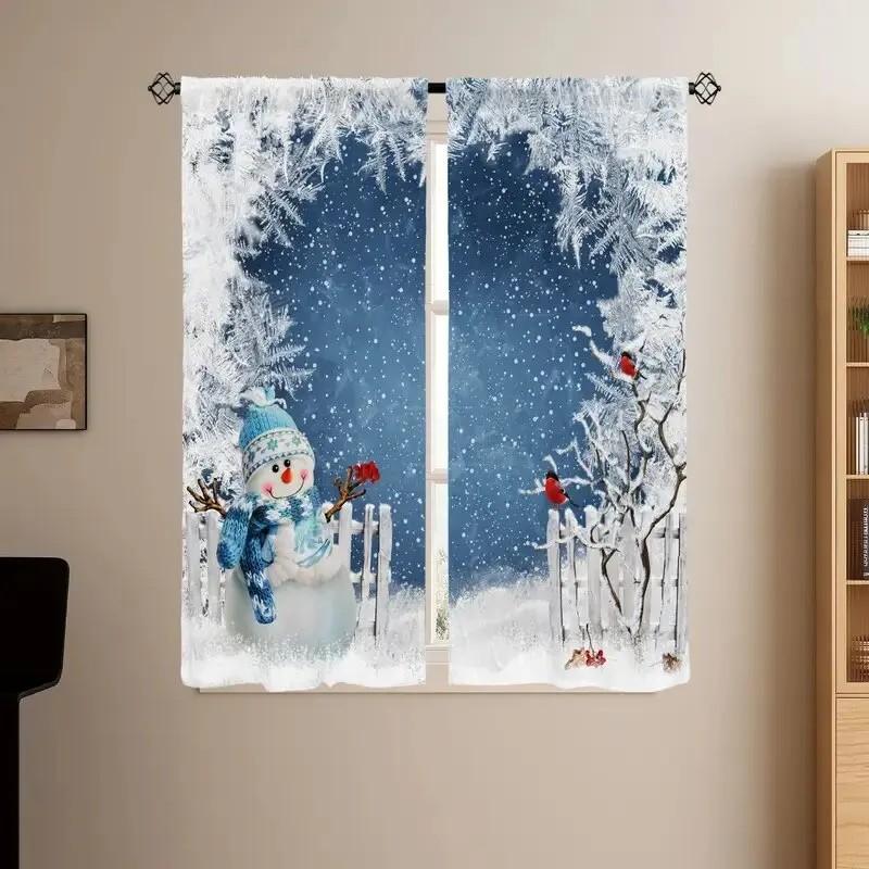 2pcs Frosty Floral Sheer Curtains Snowman Design Room Darkening Polyester Christmas Window Decor Home Decor Rod Pocket 24x59in(60x150CM)x2&Rod Pocket