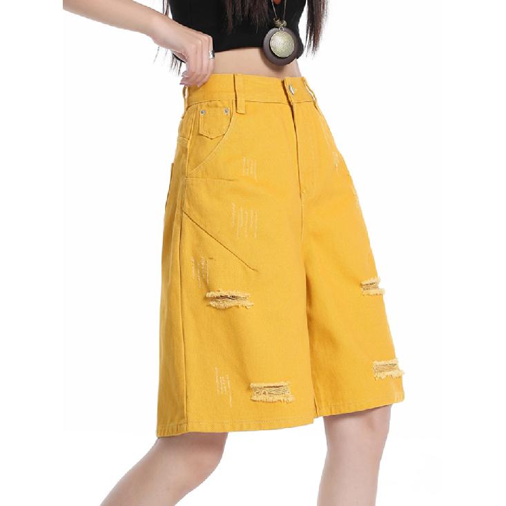 

Американские ретро рваные прямые джинсовые шорты с высокой талией женские летние свободные брюки с самой легкой посадкой XL жёлтый