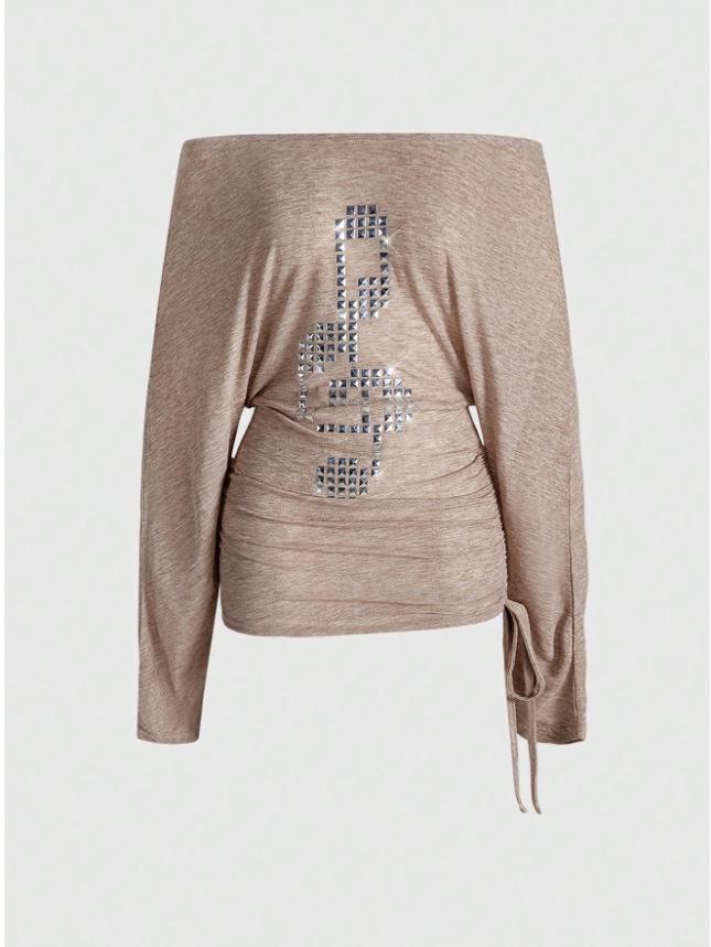 Autumn/Winter Slim Fit Ribbed Long Sleeve Top with Letter Print for Women