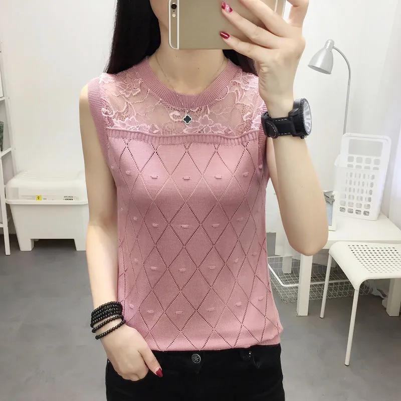 Round Neck Lace Bottoming Shirt Plus Size Women's Sleeveless Loose Camisole Knit Sweater T-Shirt Top